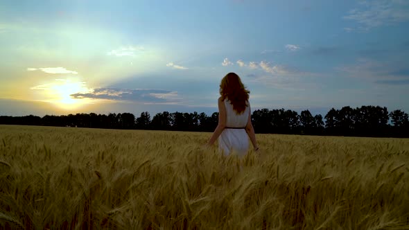Young Girl Walking Towards Sunset in Wheat Field