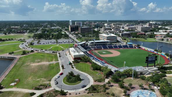 Aerial view of Blue Wahoo Stadium and downtown Pensacola, Florida