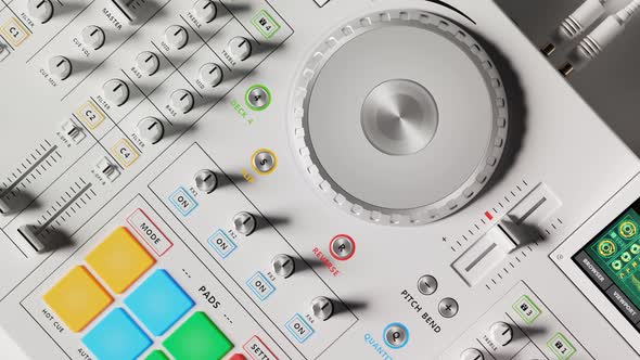 Bright white DJ Set in a looping animation. Music equipment in a studio light 4K