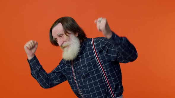 Elderly Bearded Grayhaired Grandfather Man Listening Music Smiling Dancing to Music Having Fun