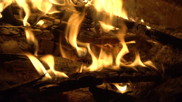 Close up shot of a campfire, Fireplace, burning woods