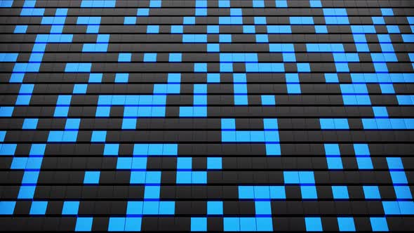 Moving Technology Background with Blue Blue Pixel Squares on Black Grid