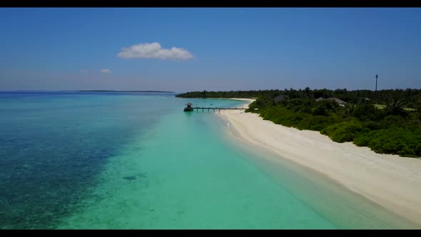 Aerial flying over sky of marine lagoon beach journey by blue green water with white sand background