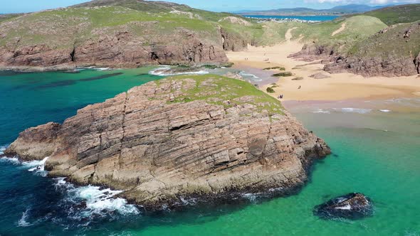 Aerial View of the Murder Hole Beach Officially Called Boyeeghether Bay in County Donegal Ireland