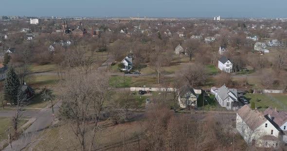 Aerial view of Detroit city neighborhood. This video was filmed in 4k for best image quality.