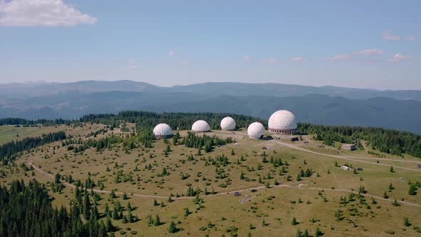 Aerial Drone View, Unusual Architecture Concept. Uniquely Designed Old Radar Station in Shape of