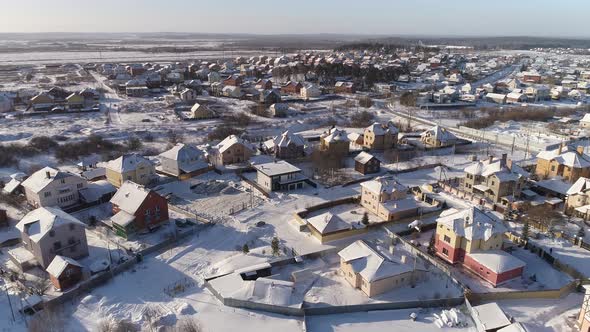 Aerial view of winter Cottage village in Suburban Residence Area 15