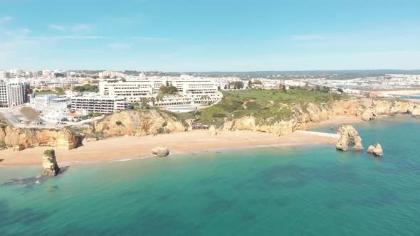 Panoramic view of Praia do Pinhao and Praia de Dona Ana, Lagos, Algarve. Beach holidays concept