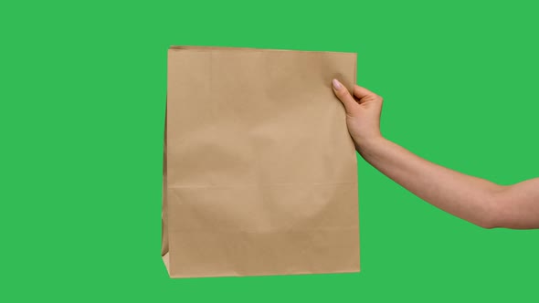 Female Hand Holds a Paper Shopping Bag on the Background of a Green Screen Chroma Key