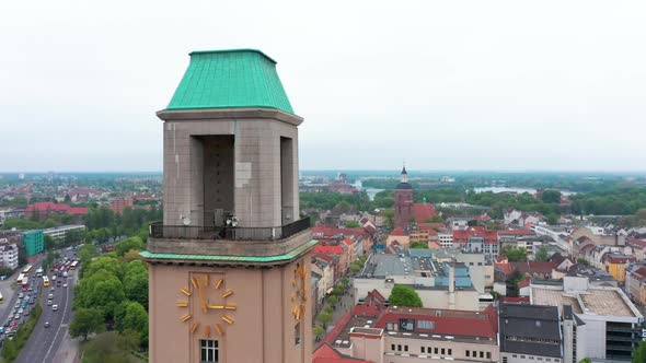 Pull Back Shot of Rathaus Spandau Tower with Tower Clocks