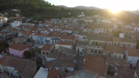 Traditional Greek Village Against The Sunset