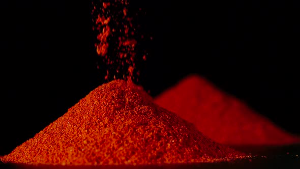 SLOW MOTION: Red Pepper Powder Pouring On A Table - Close Up