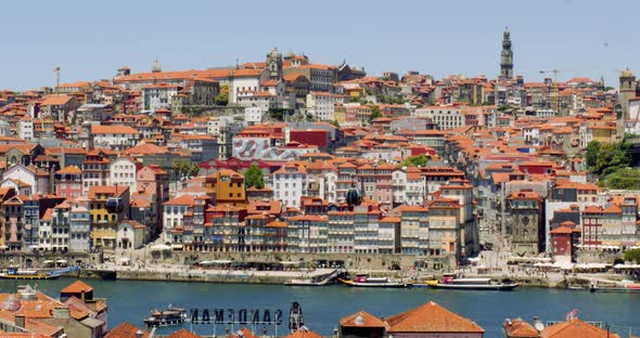 Panorama of Central Porto Oldtown as Cable Cars, Boats and Crowds pass, Portugal 4K CINEMATIC SUMMER