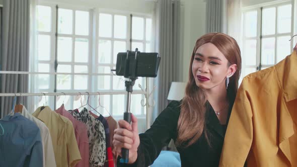 Transgender Woman Fashion Blogger Selling Clothes Online By Live Streaming On Mobile Phone, Selfie
