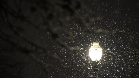 Slow motion snow storm as street light makes the snow glow