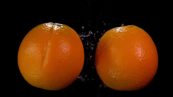 Two Large Juicy Oranges Are Colliding with Each Other Rising Drops of Water