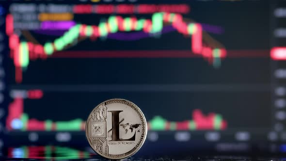 Coin Litecoin LTC on background cryptocurrency trading chart on computer screen