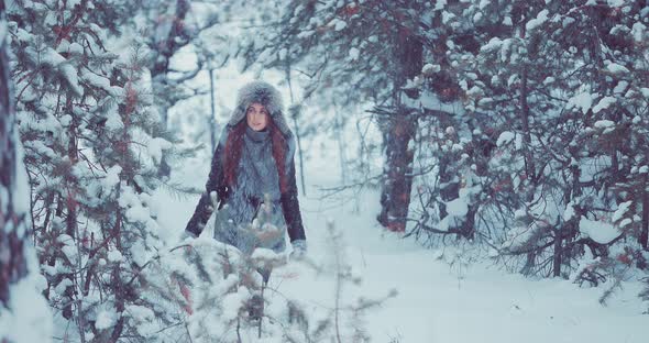 Pretty Girl Walks in the Winter in the Forest