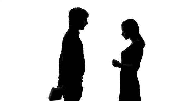 Male Silhouette Gives Present to Pretty Lady, Romantic Anniversary of Relations