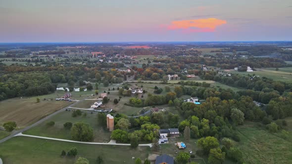 Panoramic Heights View of American Countryside Village on Sunset Over Fields Landscape on Akron Ohio