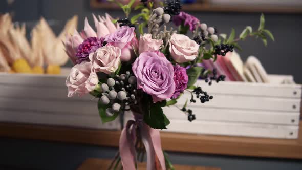 Side View of Beautiful Fresh Bouquet in the Flower Shop Floral Composition Consists of Rose Brunia