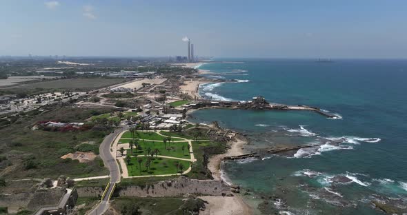 Caesarea ancient port, built by Herod the great, Aerial view.