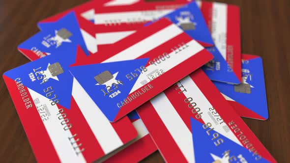 Pile of Credit Cards with Flag of Puerto Rico