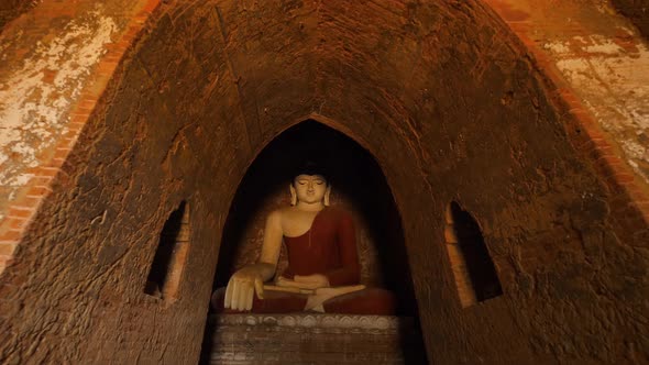 Old Buddha Statue in Traditional Burmese Temple. Buddhism Religion Concept Footage. Slowmotion