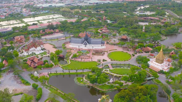 Aerial top view of The Ancient Siam City, the museum park with lake, in Samut Prakan Province,