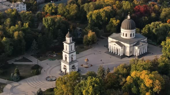 Aerial drone view of Chisinau downtown. View of central park, Cathedral, bell tower
