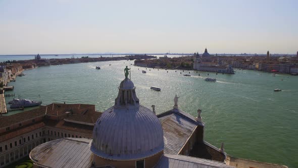 Statue of St. George Standing on Dome of Cathedral, View of Grand Canal, Venice