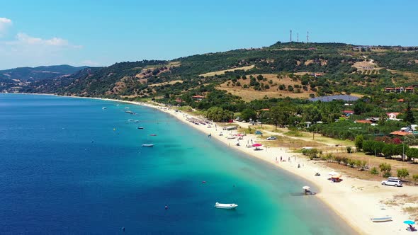 Drone Flying Backwards Over Beach Ksirotrypes Greece