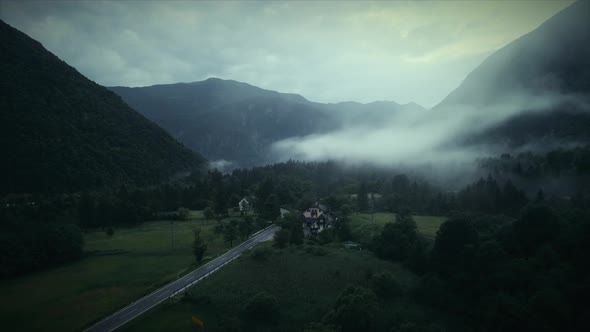 Aerial view of misty valley in the Soca region in Slovenia.