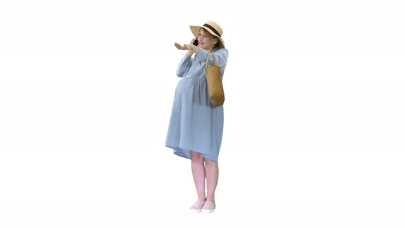 Pregnant Woman Standing and Talking By Phone in Summer on White Background.