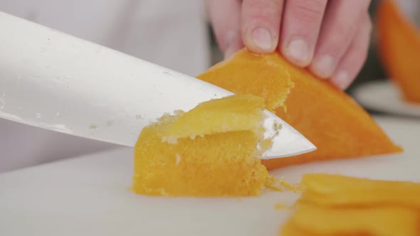 Closeup Cook Man Slicing Fresh Melon