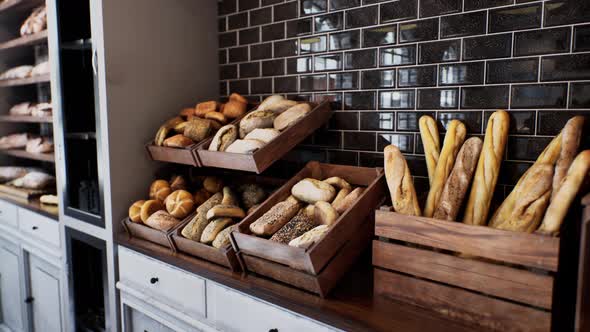 Fresh Bread on Shelves in Bakery