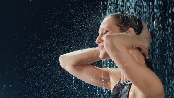 Sensual Lady Stand Surrounded By Rain Drops Touch Wet Body