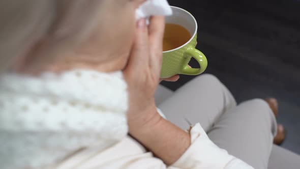 Senior Lady Sneezing in Tissue and Drinking Hot Tea at Home, Flu Epidemic