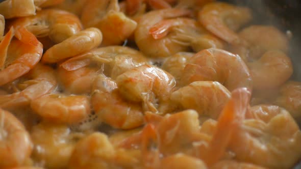 Close Up Video of Fried King Prawns are Preparing on Iron Pan Seafood Cooking Process Healthy Eating