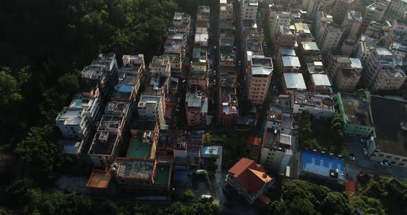 Aerial footage of sunrise urban village landscape  in Shenzhen city,China