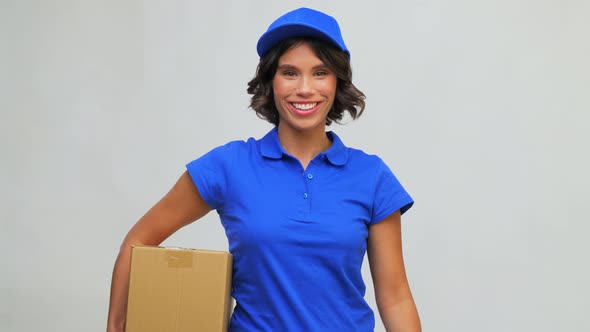 Happy Delivery Girl with Parcel Box in Blue