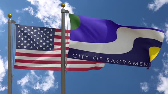 Usa Flag Vs Sacramento City Flag California  On Flagpole