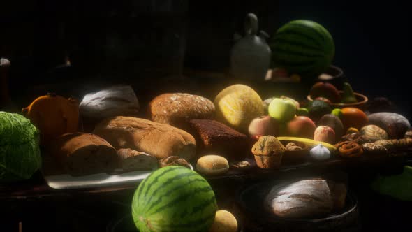 Food Table with Wine Barrels and Some Fruits, Vegetables and Bread