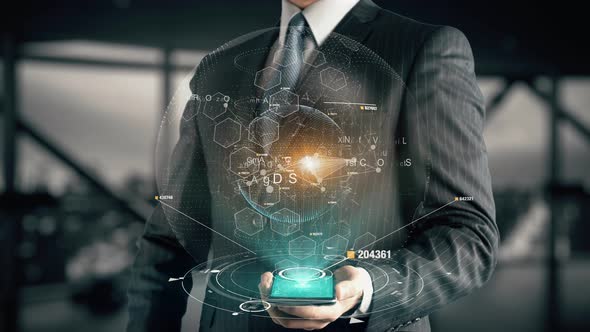Businessman with SMS Marketing Hologram Concept