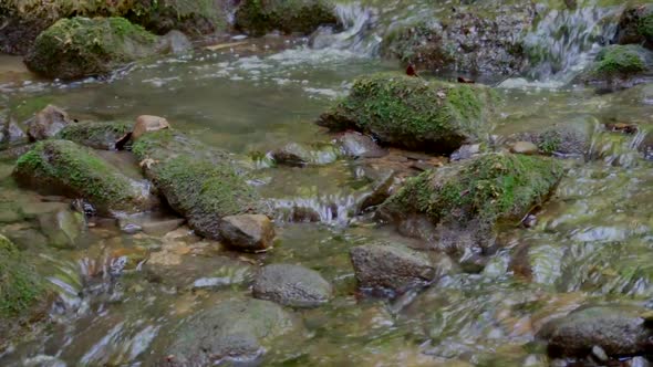 Slow dolly shot of tranquil flowing water stream in mountain,slow-motion