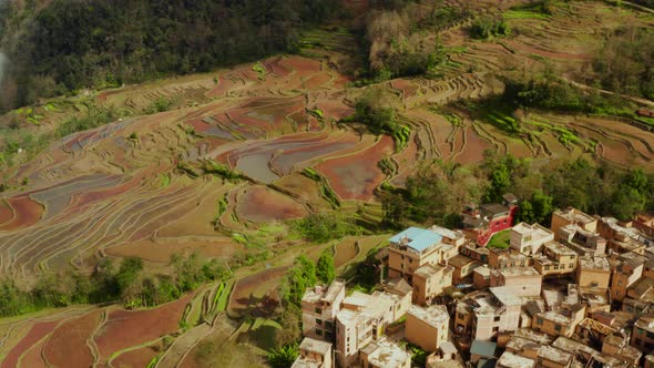 Aerial of the rice fields and villages of Yuanyang County China