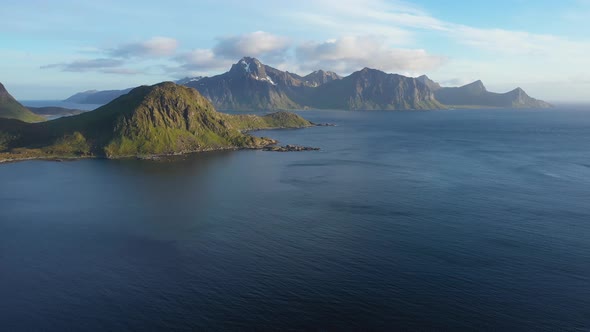 View on the Flakstadoya from Haukland beach and Mannen peak Lofoten Islands,Norway