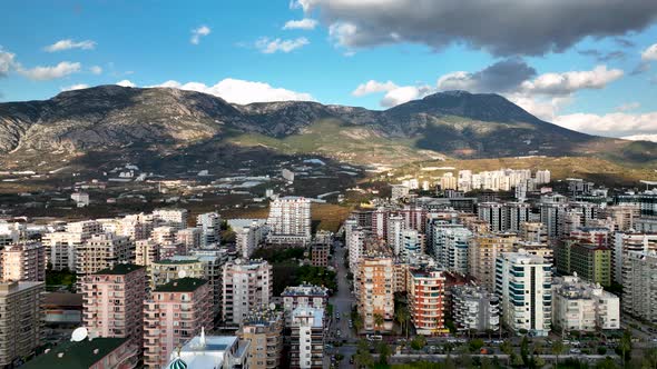 Colorful sunset over the city Aerial View 4 K Alanya Turkey