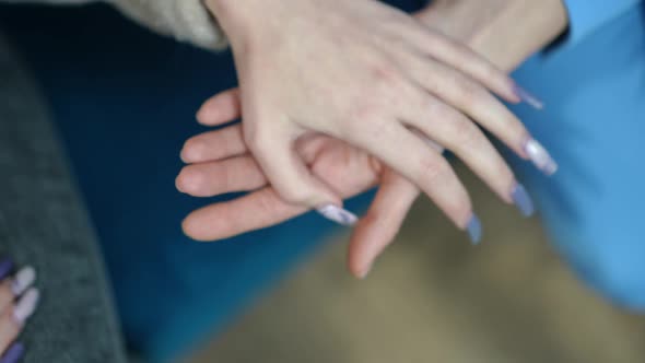 Closeup Young Female Hands Taking Teenage Palm Indoors
