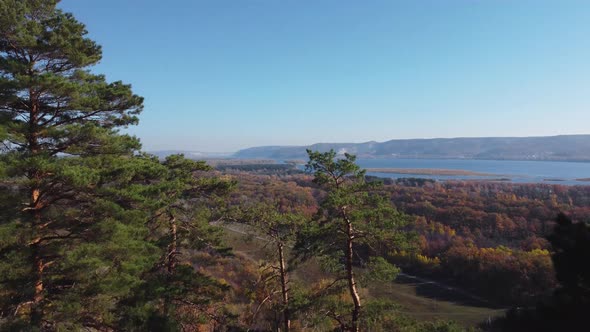 Aerial view of the left bank of the Volga river near the city of Samara.